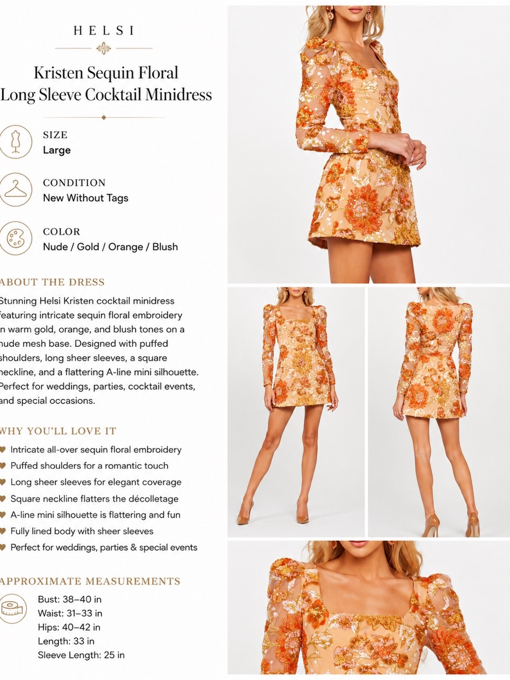Helsi Gold Kristen Sequin Floral Long Sleeve Cocktail Mini Dress Large NWOT